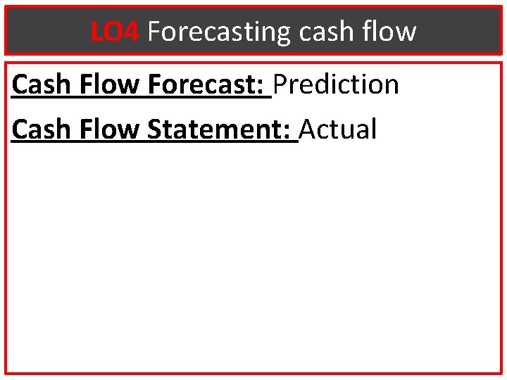 LO 4 Forecasting cash flow Cash Flow Forecast: Prediction Cash Flow Statement: Actual 