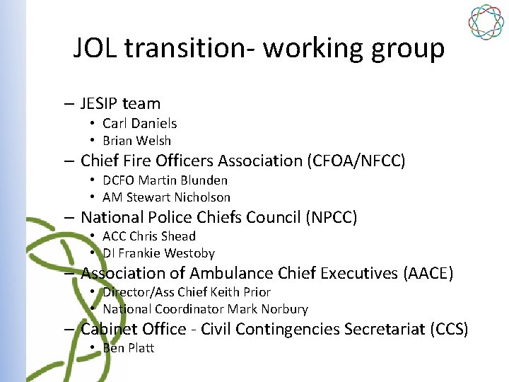 JOL transition- working group – JESIP team • Carl Daniels • Brian Welsh –