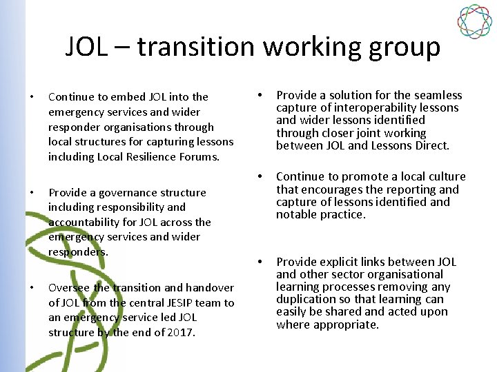 JOL – transition working group • • • Continue to embed JOL into the
