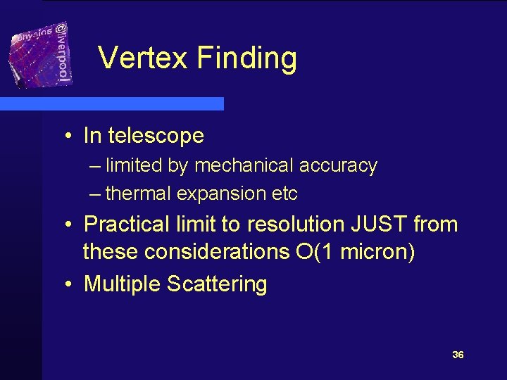 Vertex Finding • In telescope – limited by mechanical accuracy – thermal expansion etc