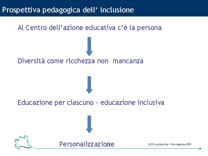 Prospettiva pedagogica dell‘ inclusione Al Centro dell’azione educativa c’è la persona Diversità come ricchezza