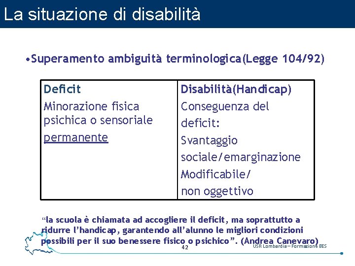 La situazione di disabilità • Superamento ambiguità terminologica(Legge 104/92) Deficit Minorazione fisica psichica o