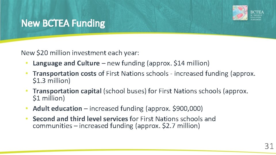 New BCTEA Funding New $20 million investment each year: • Language and Culture –