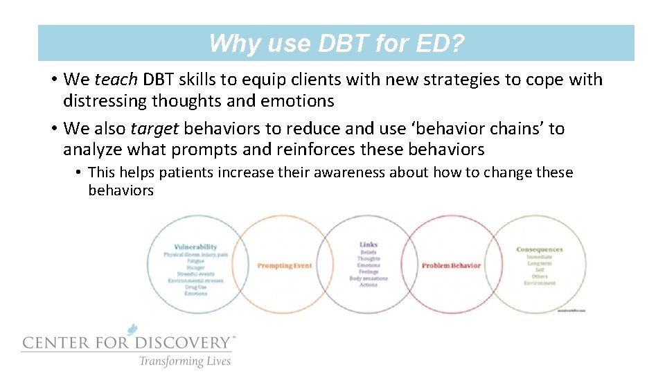 Why use DBT for ED? • We teach DBT skills to equip clients with