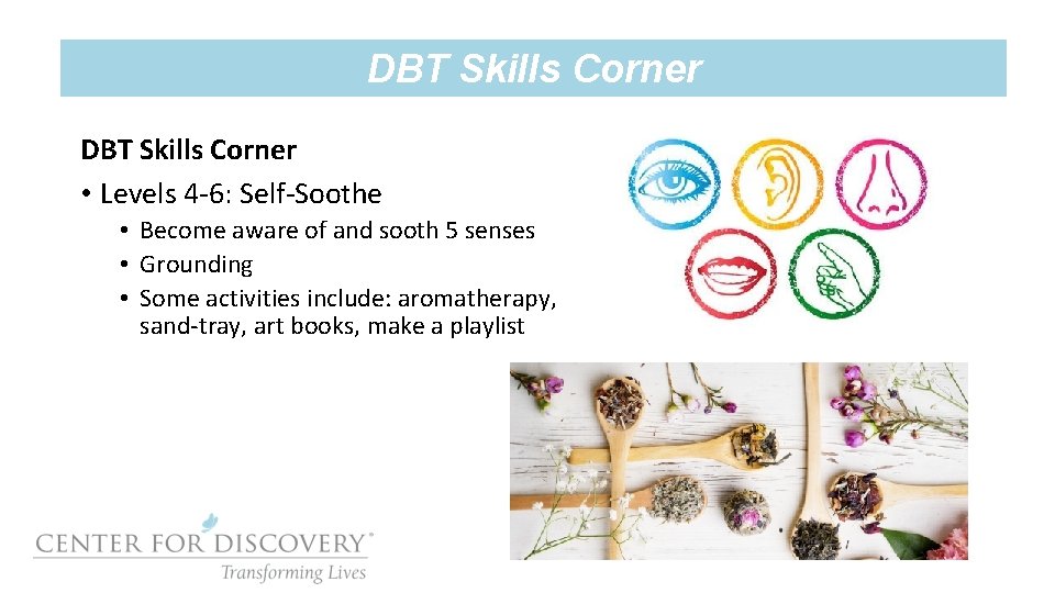 DBT Skills Corner • Levels 4 -6: Self-Soothe • Become aware of and sooth