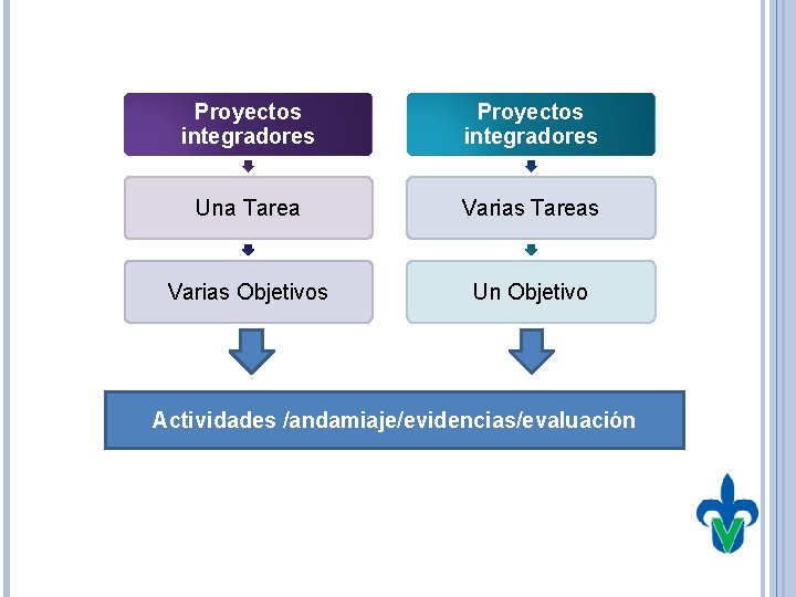 Proyectos integradores Una Tarea Varias Tareas Varias Objetivos Un Objetivo Actividades /andamiaje/evidencias/evaluación 