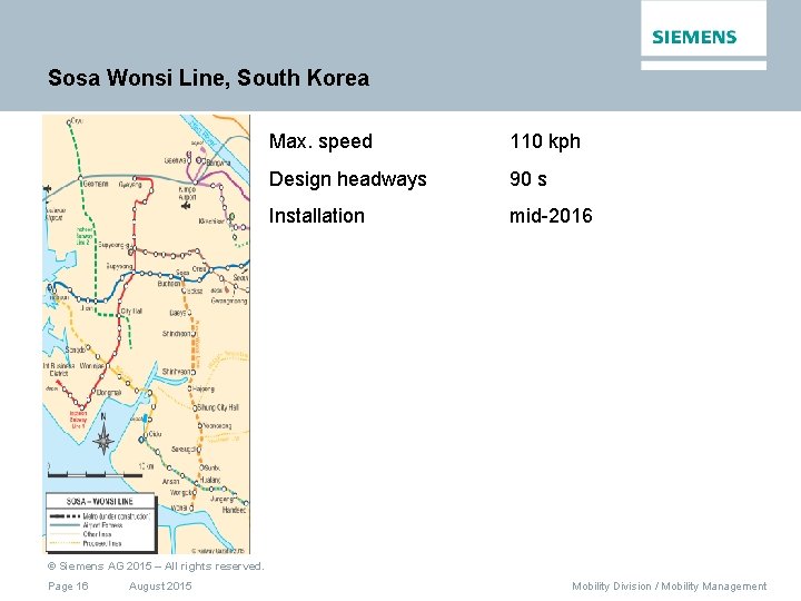 Sosa Wonsi Line, South Korea Max. speed 110 kph Design headways 90 s Installation