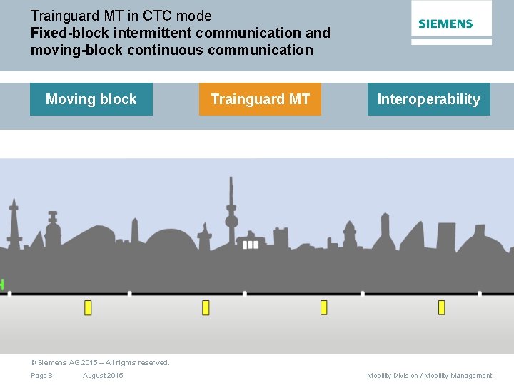 Trainguard MT in CTC mode Fixed-block intermittent communication and moving-block continuous communication Moving block