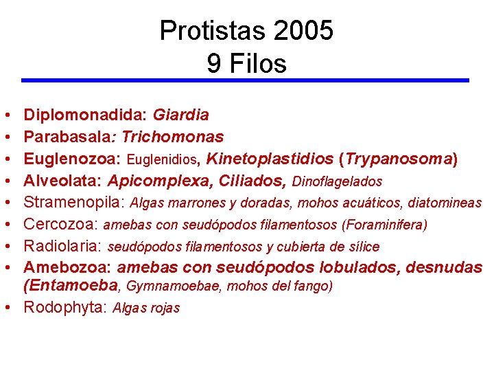 Protistas 2005 9 Filos • • Diplomonadida: Giardia Parabasala: Trichomonas Euglenozoa: Euglenidios, Kinetoplastidios (Trypanosoma)