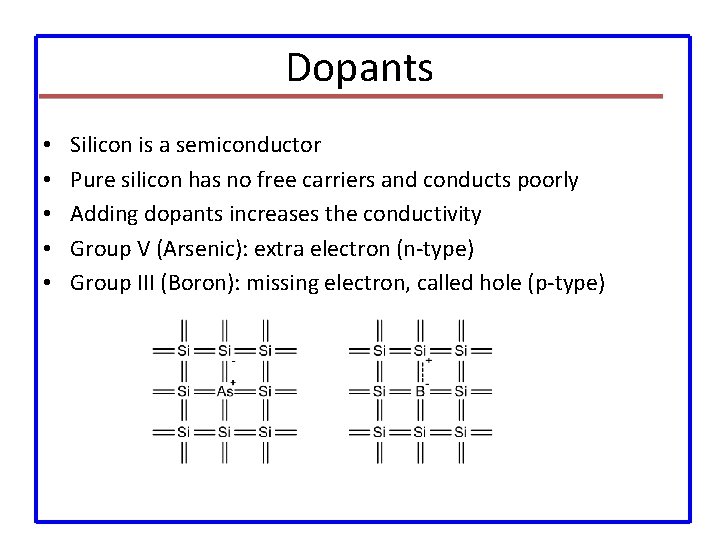 Dopants • • • Silicon is a semiconductor Pure silicon has no free carriers