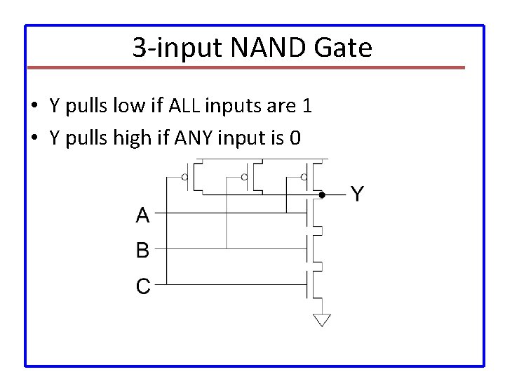 3 -input NAND Gate • Y pulls low if ALL inputs are 1 •