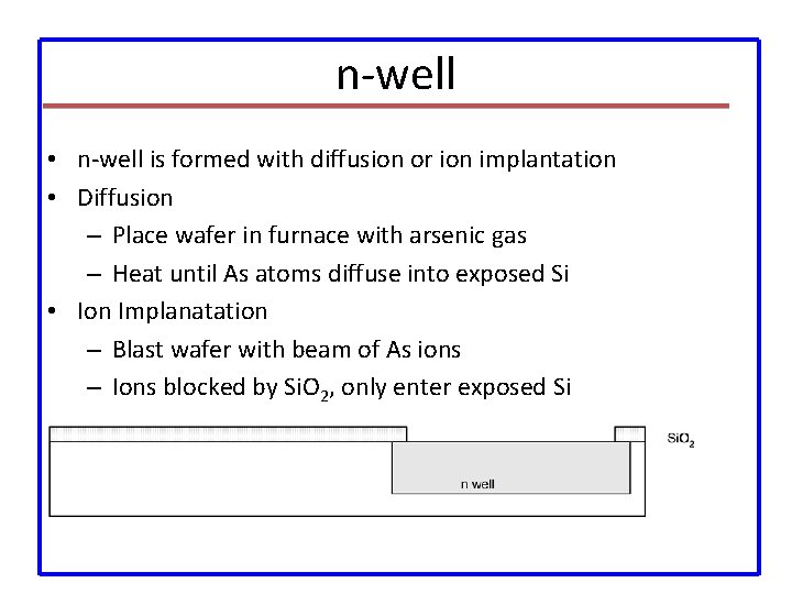 n-well • n-well is formed with diffusion or ion implantation • Diffusion – Place