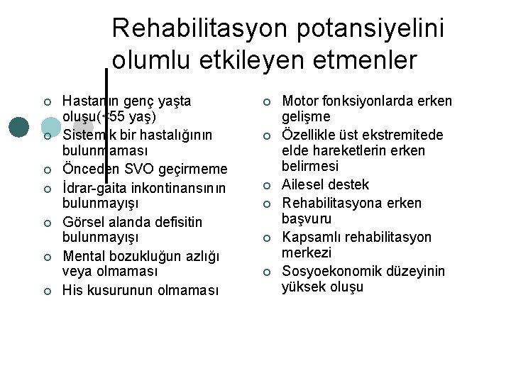 Rehabilitasyon potansiyelini olumlu etkileyen etmenler ¢ ¢ ¢ ¢ Hastanın genç yaşta oluşu(<55 yaş)