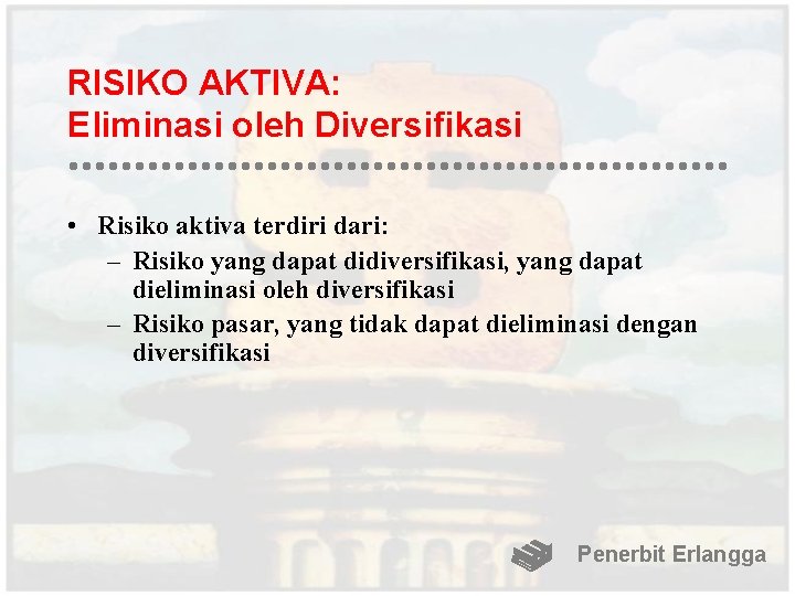 RISIKO AKTIVA: Eliminasi oleh Diversifikasi • Risiko aktiva terdiri dari: – Risiko yang dapat