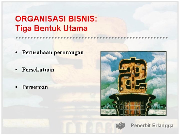 ORGANISASI BISNIS: Tiga Bentuk Utama • Perusahaan perorangan • Persekutuan • Perseroan Penerbit Erlangga