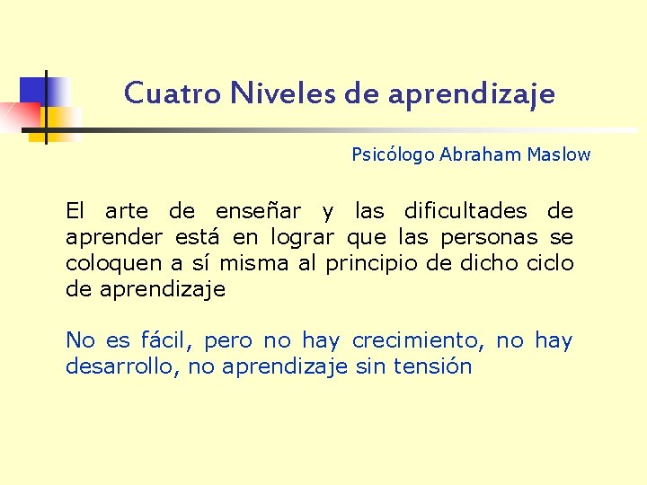 Cuatro Niveles de aprendizaje Psicólogo Abraham Maslow El arte de enseñar y las dificultades