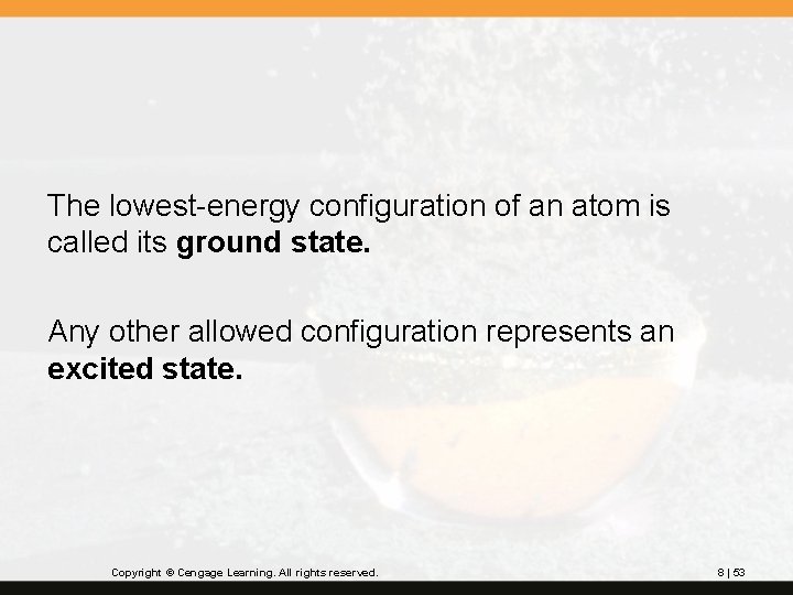 The lowest-energy configuration of an atom is called its ground state. Any other allowed