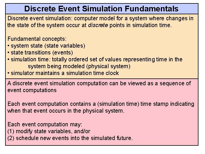 Discrete Event Simulation Fundamentals Discrete event simulation: computer model for a system where changes