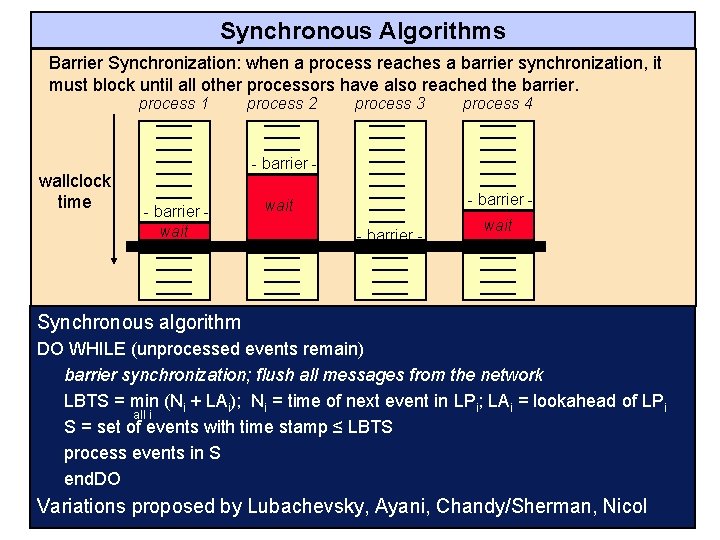 Synchronous Algorithms Barrier Synchronization: when a process reaches a barrier synchronization, it must block