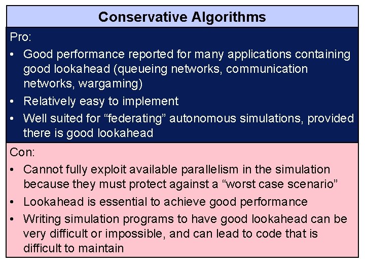 Conservative Algorithms Pro: • Good performance reported for many applications containing good lookahead (queueing