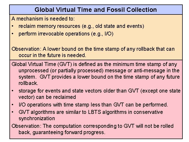 Global Virtual Time and Fossil Collection A mechanism is needed to: • reclaim memory