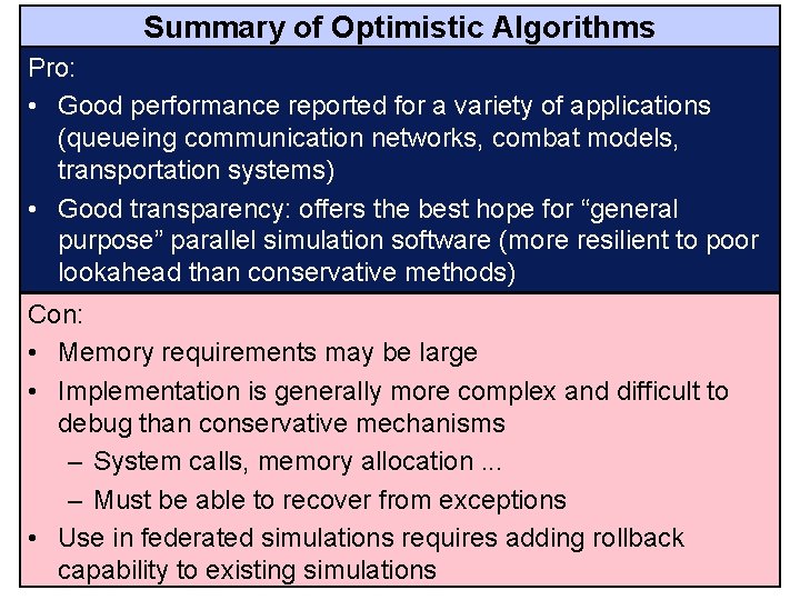 Summary of Optimistic Algorithms Pro: • Good performance reported for a variety of applications