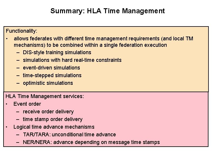 Summary: HLA Time Management Functionality: • allows federates with different time management requirements (and