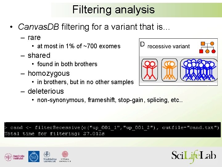 Filtering analysis • Canvas. DB filtering for a variant that is… – rare •