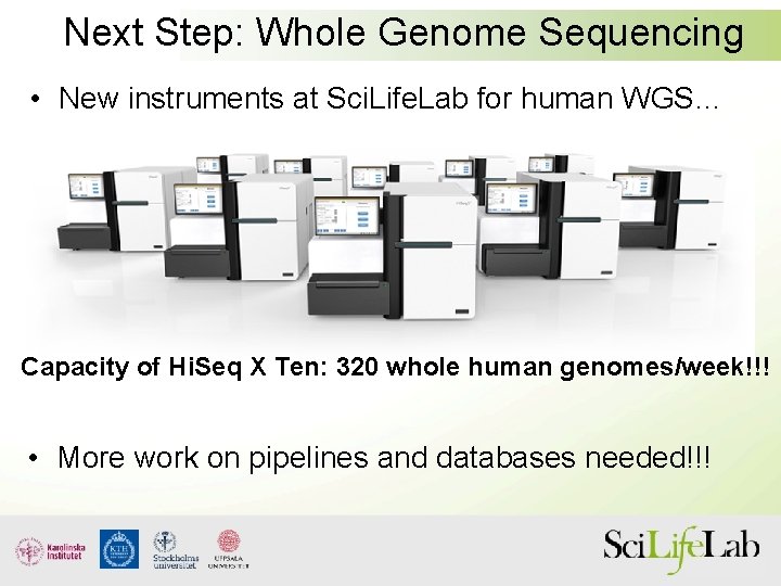 Next Step: Whole Genome Sequencing • New instruments at Sci. Life. Lab for human