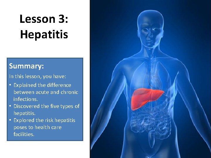 Lesson 3: Hepatitis Summary: In this lesson, you have: • Explained the difference between