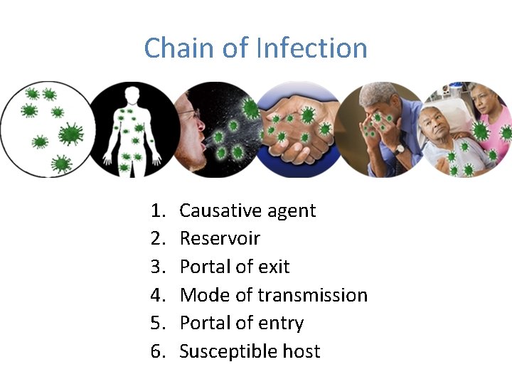 Chain of Infection 1. 2. 3. 4. 5. 6. Causative agent Reservoir Portal of