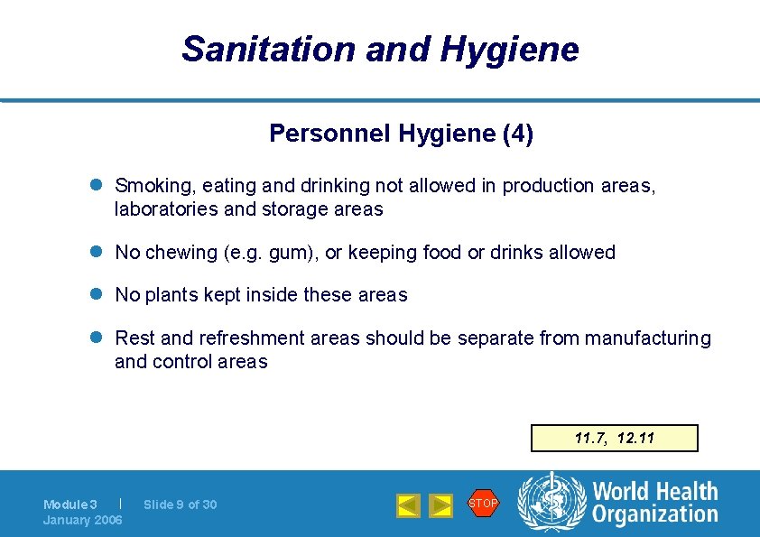 Sanitation and Hygiene Personnel Hygiene (4) l Smoking, eating and drinking not allowed in