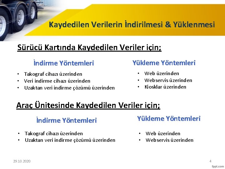 Kaydedilen Verilerin İndirilmesi & Yüklenmesi Sürücü Kartında Kaydedilen Veriler için; İndirme Yöntemleri • Takograf