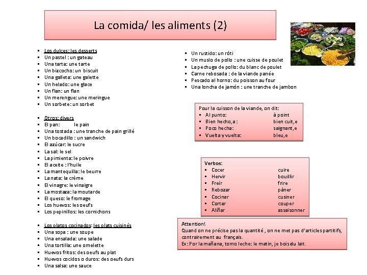 La comida/ les aliments (2) § § § § § Los dulces: les desserts