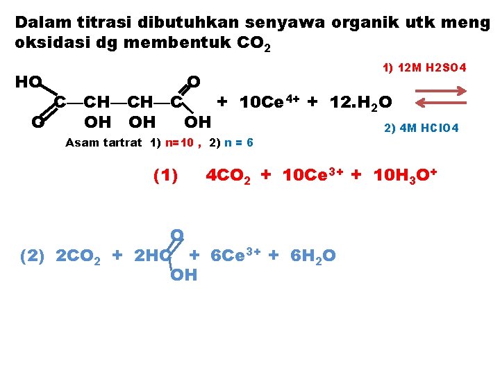 Dalam titrasi dibutuhkan senyawa organik utk meng oksidasi dg membentuk CO 2 HO 1)