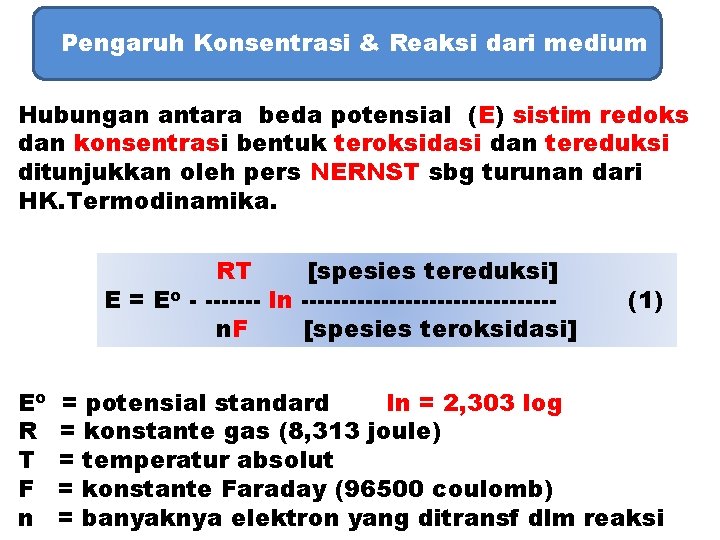 Pengaruh Konsentrasi & Reaksi dari medium Hubungan antara beda potensial (E) sistim redoks dan