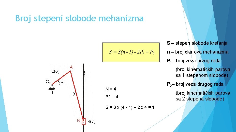 Broj stepeni slobode mehanizma S – stepen slobode kretanja n – broj članova mehanizma