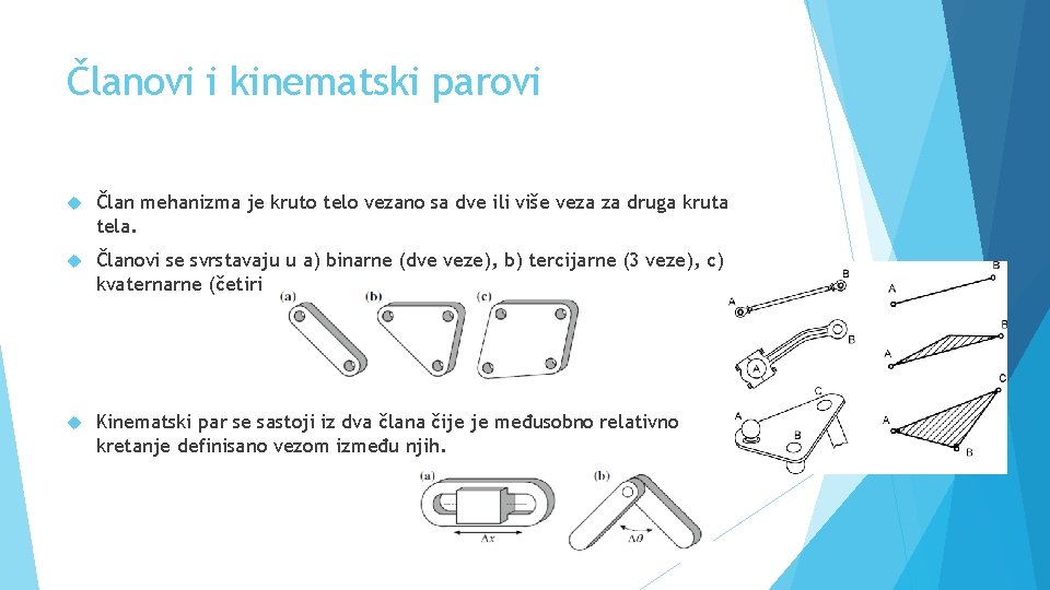 Članovi i kinematski parovi Član mehanizma je kruto telo vezano sa dve ili više