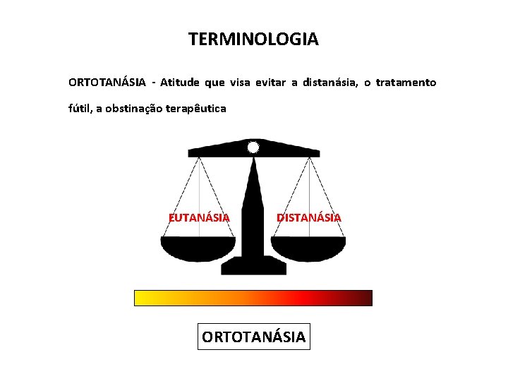 TERMINOLOGIA ORTOTANÁSIA - Atitude que visa evitar a distanásia, o tratamento fútil, a obstinação