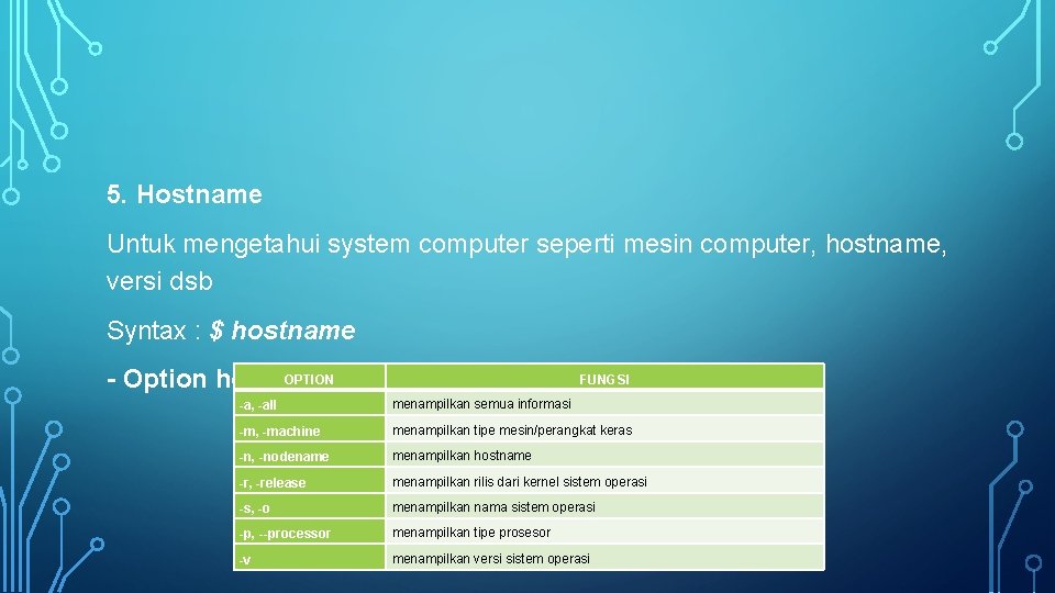 5. Hostname Untuk mengetahui system computer seperti mesin computer, hostname, versi dsb Syntax :