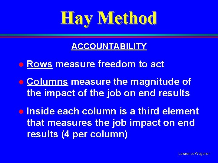 Hay Method ACCOUNTABILITY l Rows measure freedom to act l Columns measure the magnitude