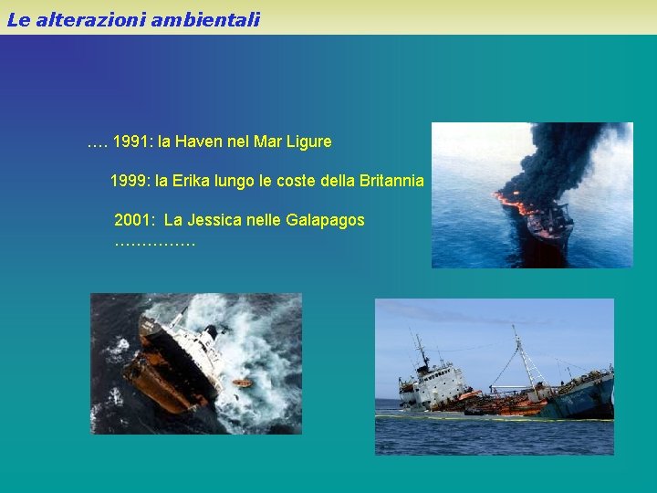 Le alterazioni ambientali …. 1991: la Haven nel Mar Ligure 1999: la Erika lungo