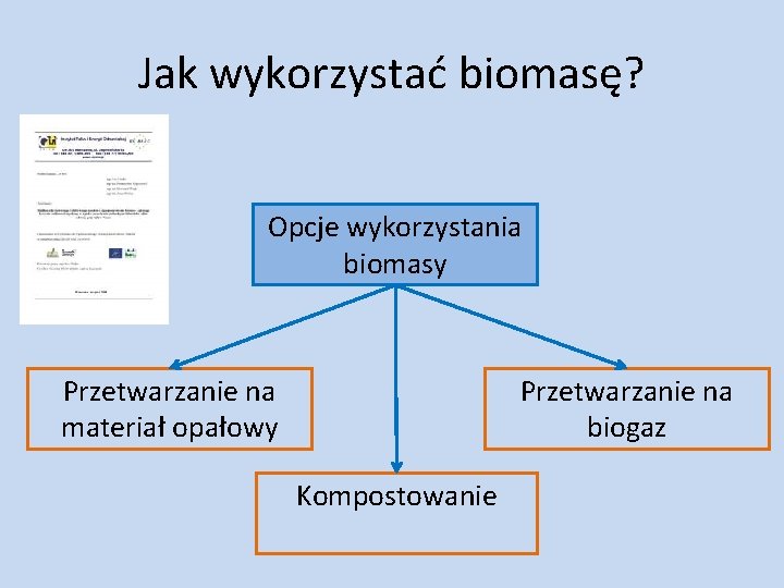 Jak wykorzystać biomasę? Opcje wykorzystania biomasy Przetwarzanie na materiał opałowy Przetwarzanie na biogaz Kompostowanie