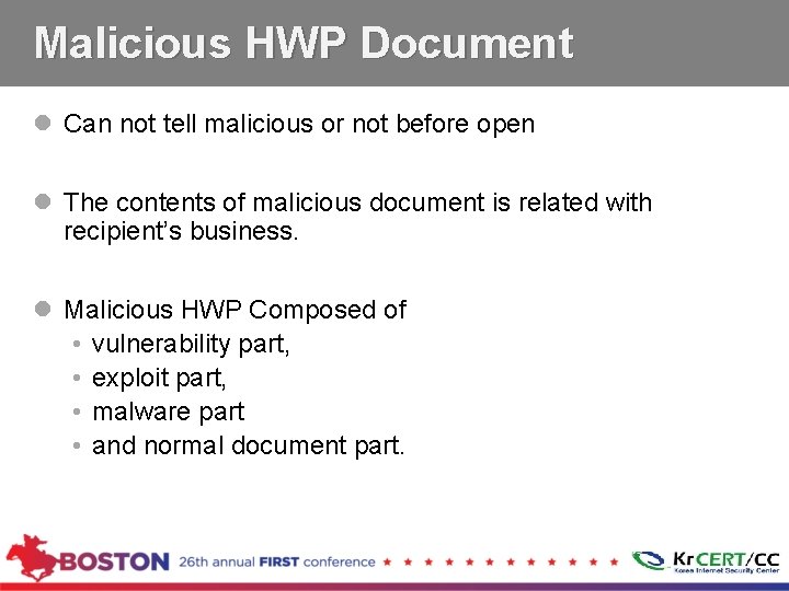 Malicious HWP Document l Can not tell malicious or not before open l The