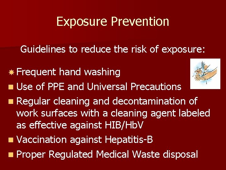 Exposure Prevention Guidelines to reduce the risk of exposure: Frequent hand washing n Use