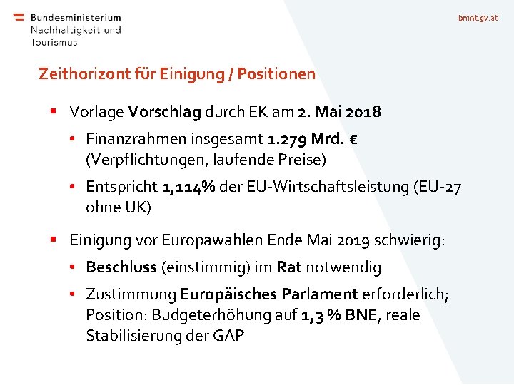 bmnt. gv. at Zeithorizont für Einigung / Positionen § Vorlage Vorschlag durch EK am bmnt. gv. at Zeithorizont für Einigung / Positionen § Vorlage Vorschlag durch EK am