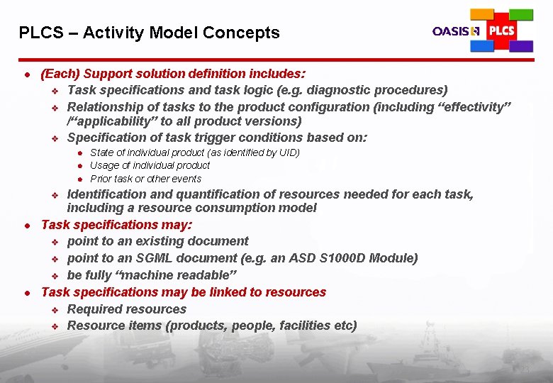 PLCS – Activity Model Concepts l (Each) Support solution definition includes: v Task specifications