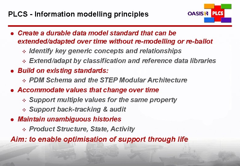 PLCS - Information modelling principles l l Create a durable data model standard that