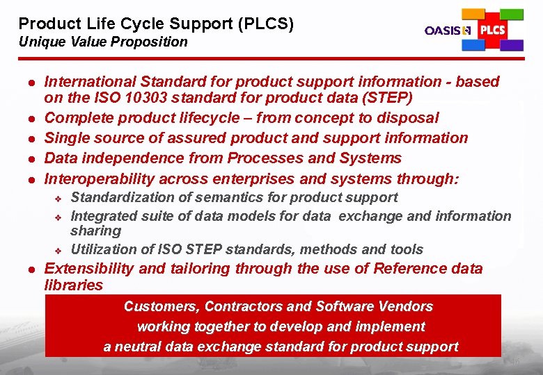 Product Life Cycle Support (PLCS) Unique Value Proposition l l l International Standard for