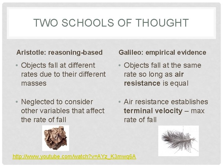 TWO SCHOOLS OF THOUGHT Aristotle: reasoning-based Galileo: empirical evidence • Objects fall at different